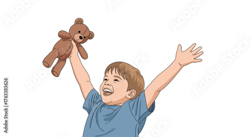 Joyful child holding teddy bear up high celebrating childhood happiness.