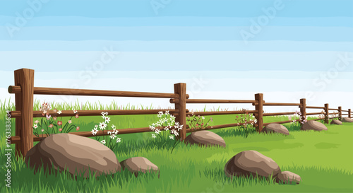 Wooden fence with rocks and flowers in a grassy field under a blue sky.