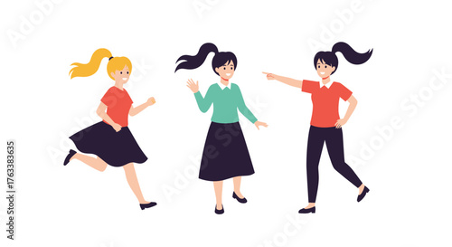 Three young girls in casual clothing dancing and having fun together.