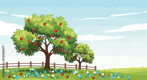 Two Apple Trees Laden With Ripe Red Apples In A Sunny Meadow.