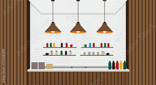 Modern cafe interior with shelves and hanging lamps.