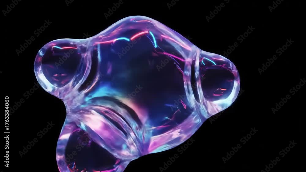 Abstract 3D animation of a morphing liquid glass blob with vibrant neon reflections creating a futuristic and dynamic visual effect on a dark background perfect for technology and artistic projects.