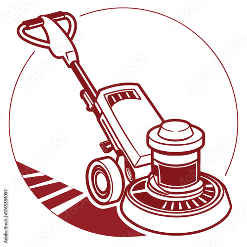 Outline illustration of a floor buffer machine with red accents on a white background Keywords: floor buffer, floor polisher, cleaning machine, floor care, maintenance, equipment, industrial