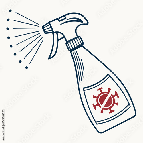 Spray bottle with a virus symbol crossed out and spraying liquid on a light background Keywords: spray bottle, disinfectant, cleaning, virus, bacteria, germ, germ killer, hygiene, sanitation