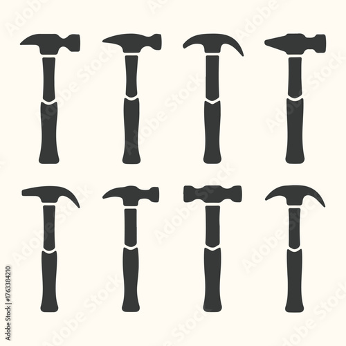 Vector art of collection of eight different hammer icons, isolated on a light background