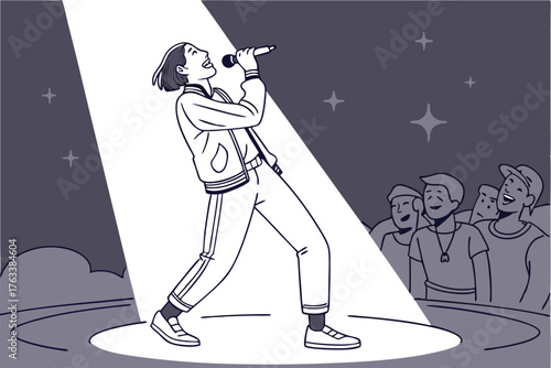 Singer Performing On Stage In Spotlight With Cheering Crowd Illustration