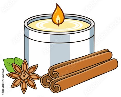 Aromatic candle with cinnamon sticks and star anise for a cozy atmosphere