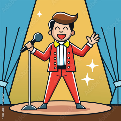 Cartoon Entertainer Performing On Stage With Microphone Under Spotlight Vector Illustration