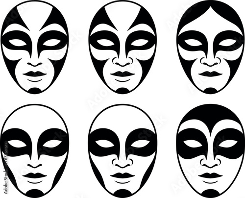Collection of six unique African tribal masks black and white design