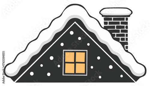 Cartoon illustration of a dark gabled roof covered in snow with a glowing window and brick chimney