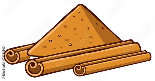 Cartoon illustration of cinnamon sticks and powder