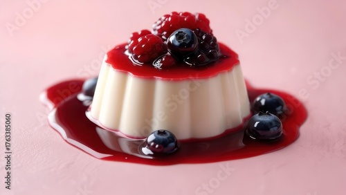 Delicious panna cotta dessert with fresh berries and sweet berry sauce on a pink backdrop so tempting