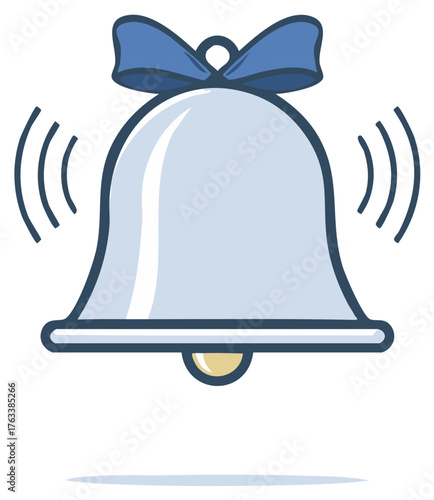 Cartoon bell illustration with blue bow and sound waves ringing