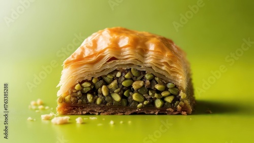 Golden baklava dessert with pistachios offers a taste of Middle Eastern sweetness and culinary delight