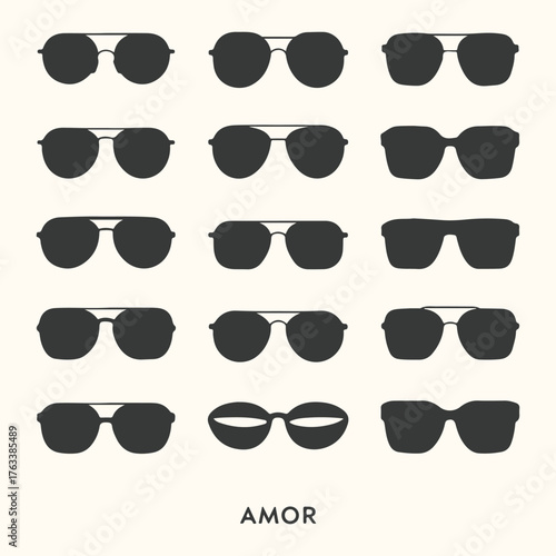 Vector art of collection of diverse sunglasses styles displayed in a grid on a light background with the word amor below