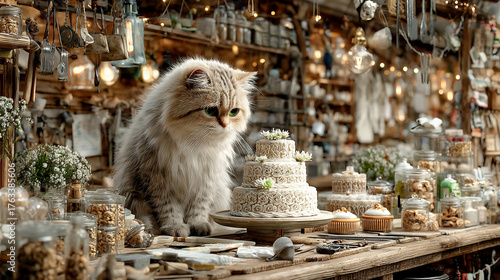 お洒落なケーキを見つめている猫