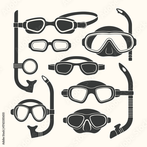 Vector art of collection of diving masks and snorkels