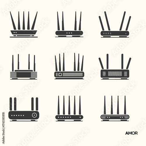 Vector art of collection of nine different wireless routers and modems with antennas, presented in a grid layout