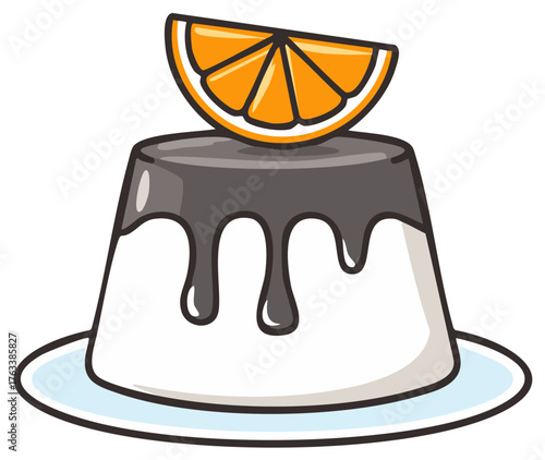 Simple illustration of pudding with dark dripping sauce and orange slice garnish
