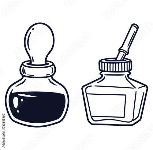 Hand drawn illustration of two vintage ink bottles with a classic outline style