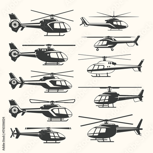 Vector art of collection of various helicopter silhouettes, isolated on a light background, showcasing different models and designs
