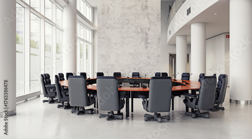 Modern empty conference room with a large round table. 3d rendering of a corporate boardroom interior