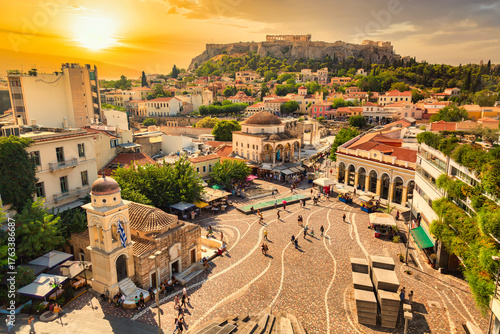 Fototapeta Naklejka Na Ścianę i Meble -  Skyline of Athens with Monastiraki square, Church of Pantanassa and Acropolis hill during sunset. Athens, Greece