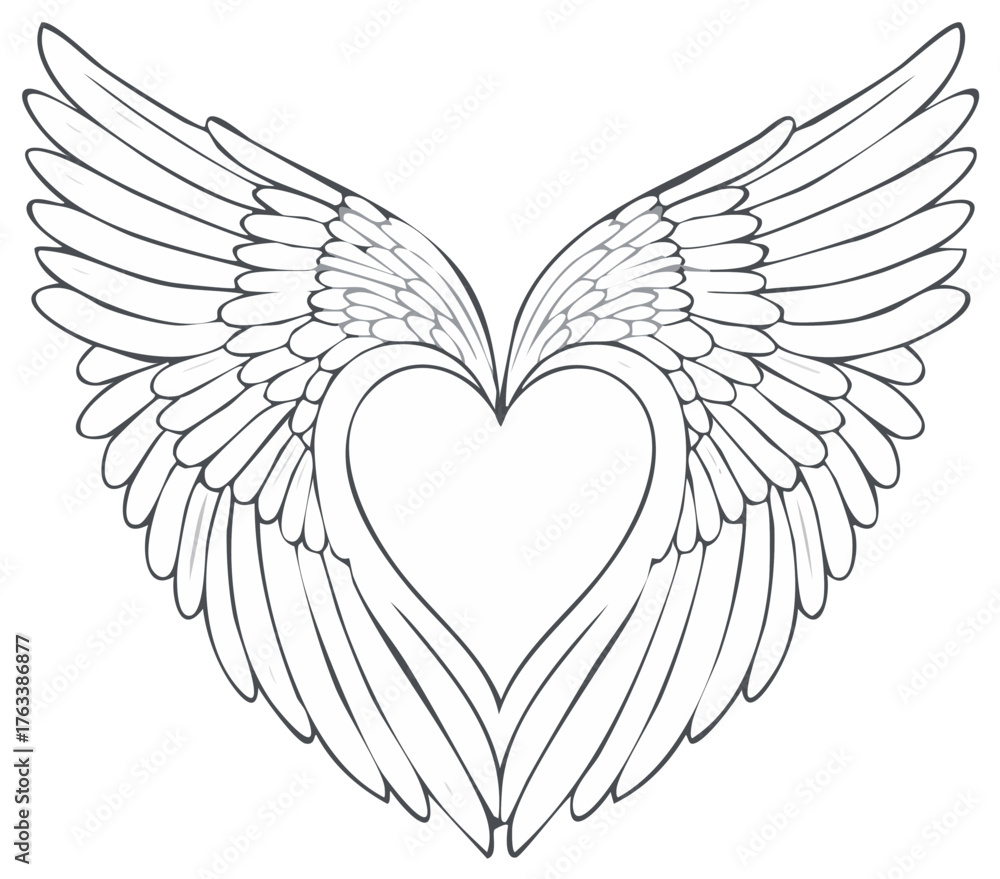 Obraz premium Symmetrical Angel Wings Forming a Heart Shape Line Drawing Illustration