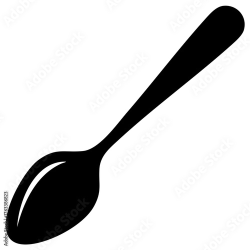Simple black spoon silhouette icon. Vector graphic illustration of a kitchen utensil for eating or cooking.