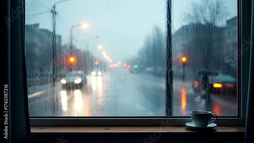 Rainy Day Reflections - A Cozy Window View of a Wet City Street.