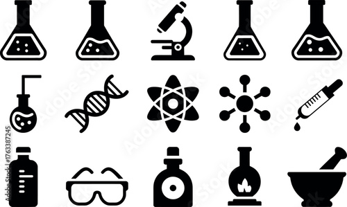 Science and research laboratory equipment icons representing scientific discovery innovation