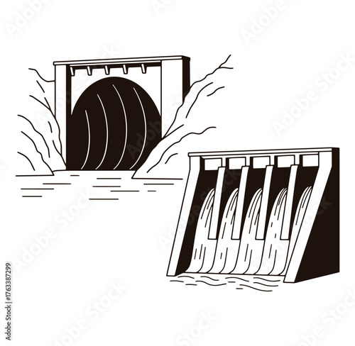 Simple black and white illustration of a hydroelectric dam and water flow
