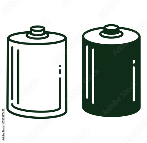 Simple vector illustration of two cylindrical batteries one outlined and one filled