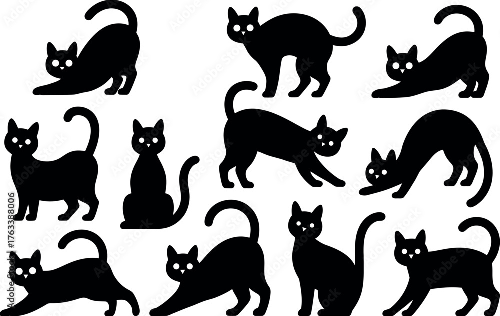 Obraz premium Various black cat silhouettes in different poses on white background
