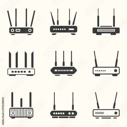 Vector art of collection of nine different router icons, isolated on a light background