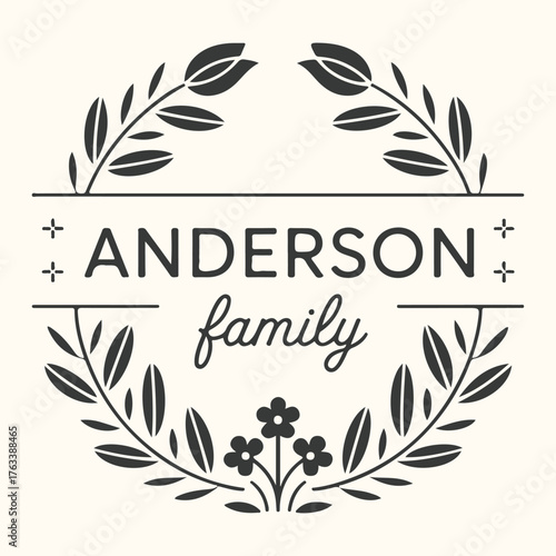 Vector art of circular family crest with the name anderson and floral elements