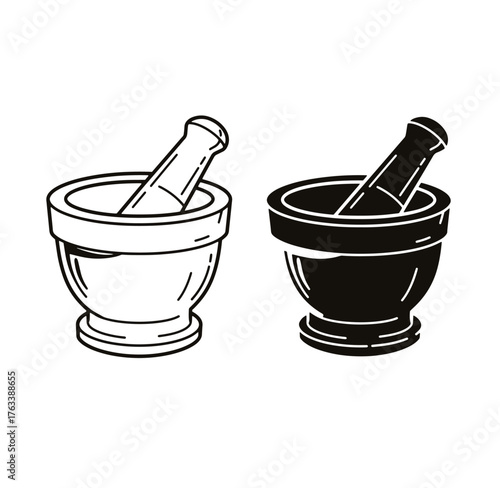 Two minimalist black and white vector illustrations of mortar and pestle for culinary and kitchen use