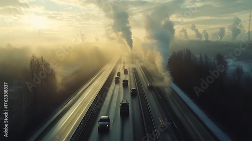 A highway lined with cars emitting exhaust, demonstrating transportation-related air pollution