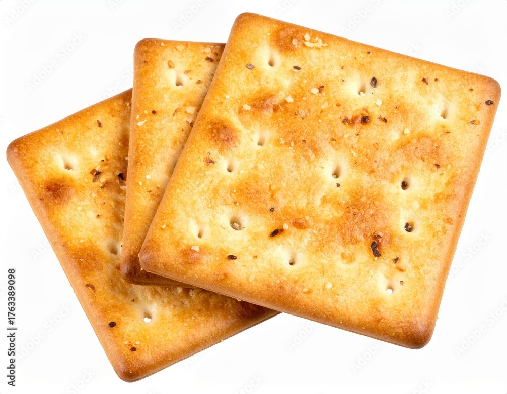 Fototapeta premium Three crispy crackers with seeds and seasoning, showcasing texture and detail on a white background.