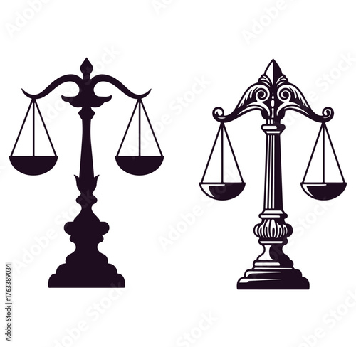 Two silhouette illustrations of scales of justice representing law and legal proceedings