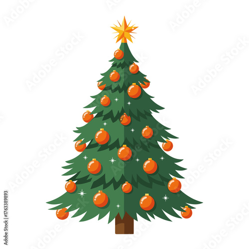 Decorated christmas tree with star and orange ornaments. Holiday vector illustration.