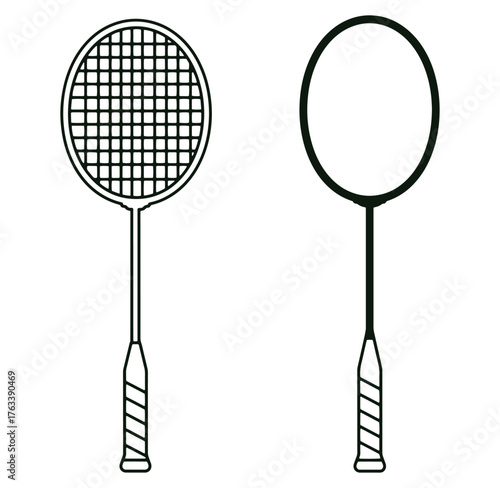 Vector illustration depicting two badminton rackets in outline style on a white background