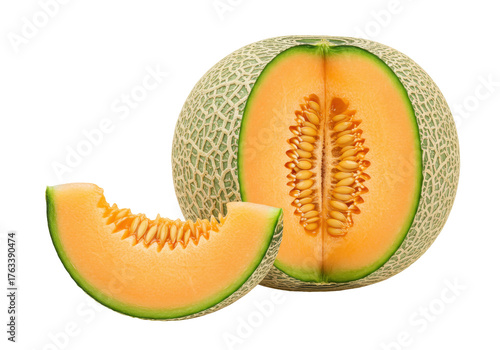 Photography Isolated Cantaloupe halves with slice showing seeds, ready to eat, a healthy tre