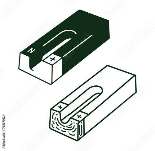 Vector illustration depicting two isometric bar magnets in detailed outline style