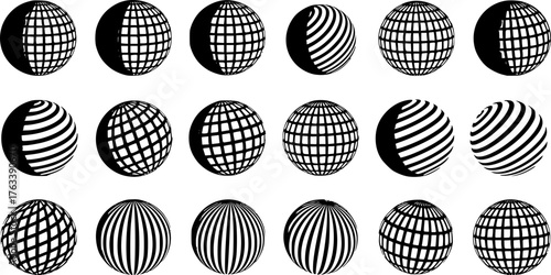 Globe grid spheres. Striped 3D spheres, geometry globe grid, earth latitude and longitude line grid vector symbols set. Spherical grid globe shapes