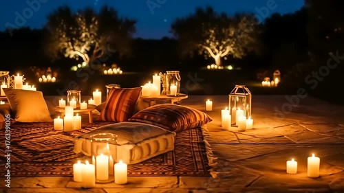 Romantic Evening Ambiance with Candles and Pillows Outdoors.