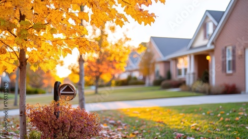 Autumnal Homefront: A row of houses are bathed in the warm, golden hues of autumn, trees adorned with vibrant foliage. A mailbox stands sentinel in the foreground.