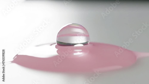 A mesmerizing closeup of a clear water droplet gracefully landing and merging into a vibrant pink liquid surface creating a beautiful ripple effect and showcasing the fluid dynamics in slow motion.