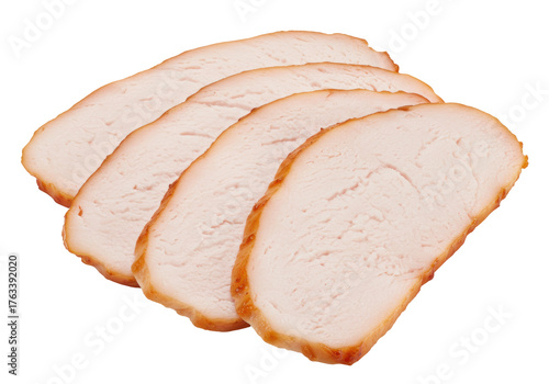 Isolated sliced turkey breast meat, cooked poultry for food service and menu use, prepared cut