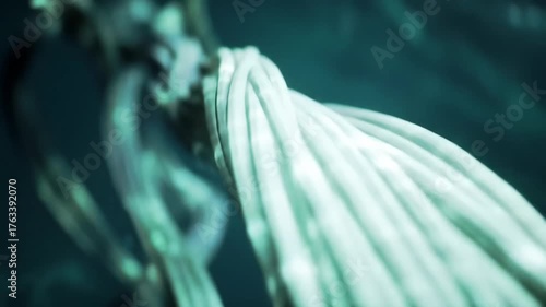 Abstract organic forms resembling intertwined biological structures or futuristic data cables gracefully flow and undulate in a dark mysterious underwater environment creating a mesmerizing and dynam.